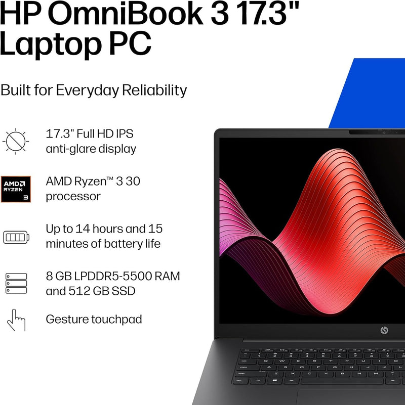 HP OmniBook 3 17.3 inch Laptop PC, FHD Display, AMD Ryzen 3 30, 8 GB RAM, 512 GB SSD, AMD Radeon 610M Graphics, Windows 11 Home, Mica Silver, 17-dp0199nr