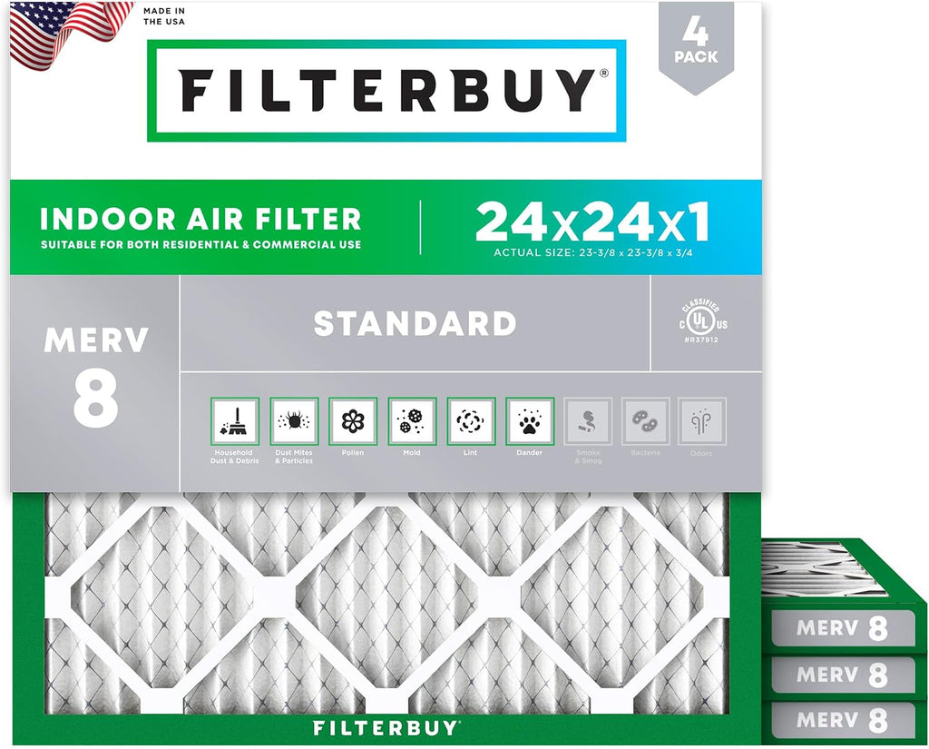 Filterbuy 24x24x1 Air Filter MERV 8 Dust & Allergy Defense (4-Pack)