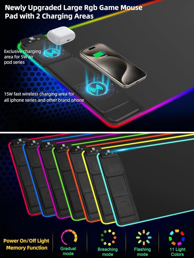 Miroddi XXL Mouse Pad with Phone Holder - Black, RGB Desk Mat with 15W Fast Charging, LED Gaming Mousepad with 11 Light Colors, Waterproof Non-Slip Pad for Office & Home (Black with PD Adapter)
