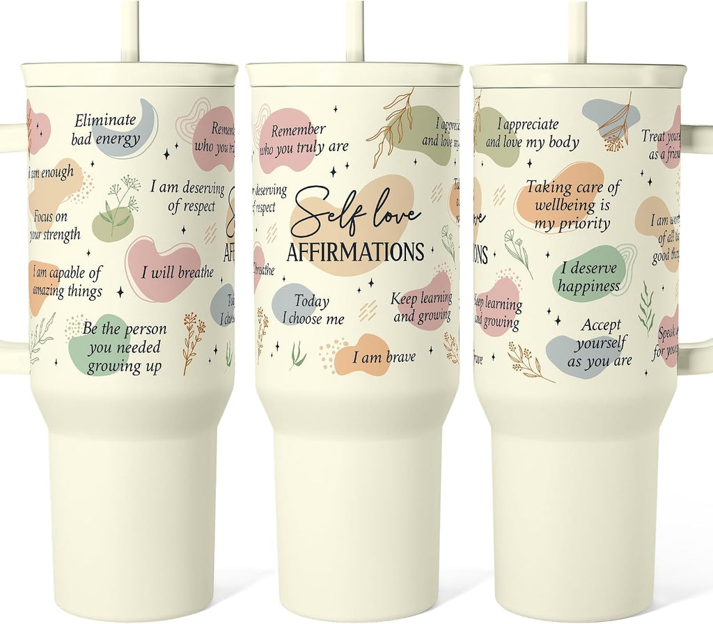 SANDJEST Inspirational Tumbler with Handle 40oz, Daily Positive Inspiration Coffee Cup Stainless Steel Travel Mug, Motiv