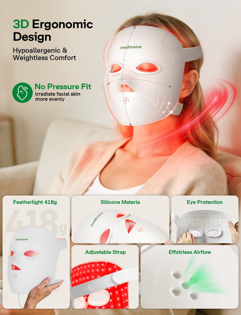 Medisana - Terapia de luz roja 3D para cara, 336 LED con 3 modos, NIR 830 nm, rojo 630 nm, azul 415 nm, diseño ergonómico de silicona 3D, máscara facial LED inalámbrica y recargable, regalos para el c