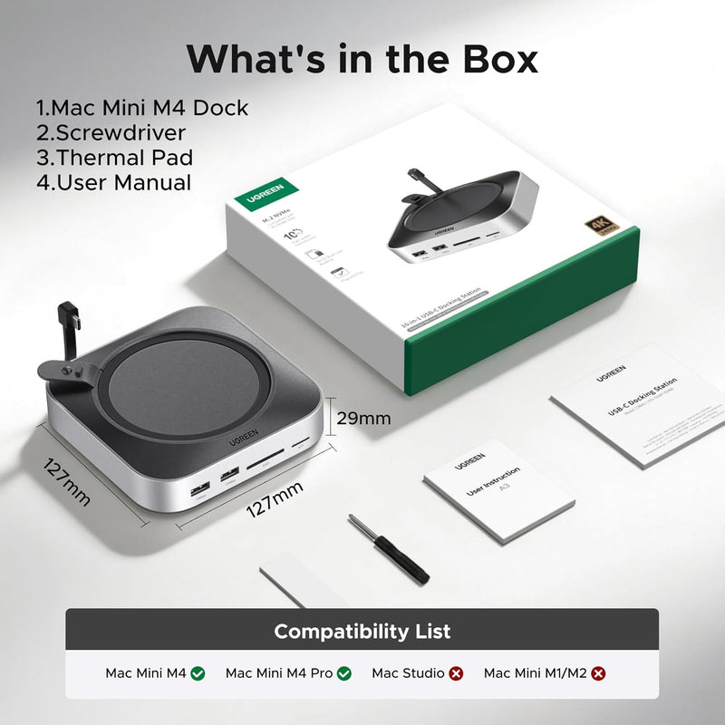 UGREEN Mac mini M4 Dock & Stand with NVMe SSD Enclosure, 3 USB A 10Gbps, USB C Data Port, SD Card Reader for Mac mini M4/ M4 Pro