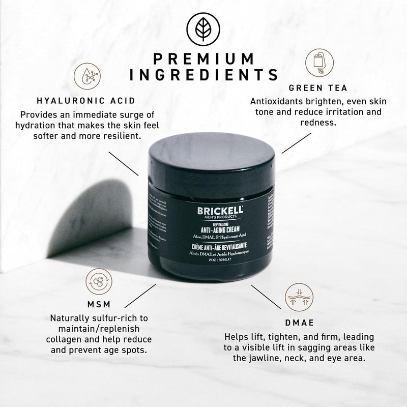 Crema revitalizadora antienvejecimiento Brickell Men's para hombres, crema de noche antiarrugas natural y orgánica para la cara para reducir líneas finas y arrugas, 2 onzas, sin fragancia