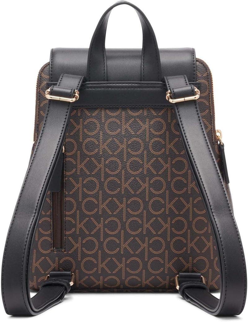 Calvin Klein Women's Elaine Signature Flap Backpack, Brown, OS