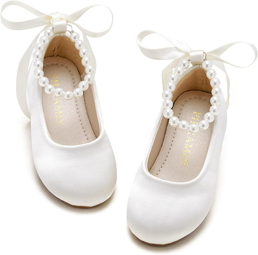 PHIRAMIN Toddler Flower Girl Satin Ivory White Dress Shoes - Little Girl Ballet Flats Size 5 Pearl Wedding Party