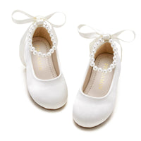 PHIRAMIN Toddler Flower Girl Satin Ivory White Dress Shoes - Little Girl Ballet Flats Size 11 Pearl Wedding Party