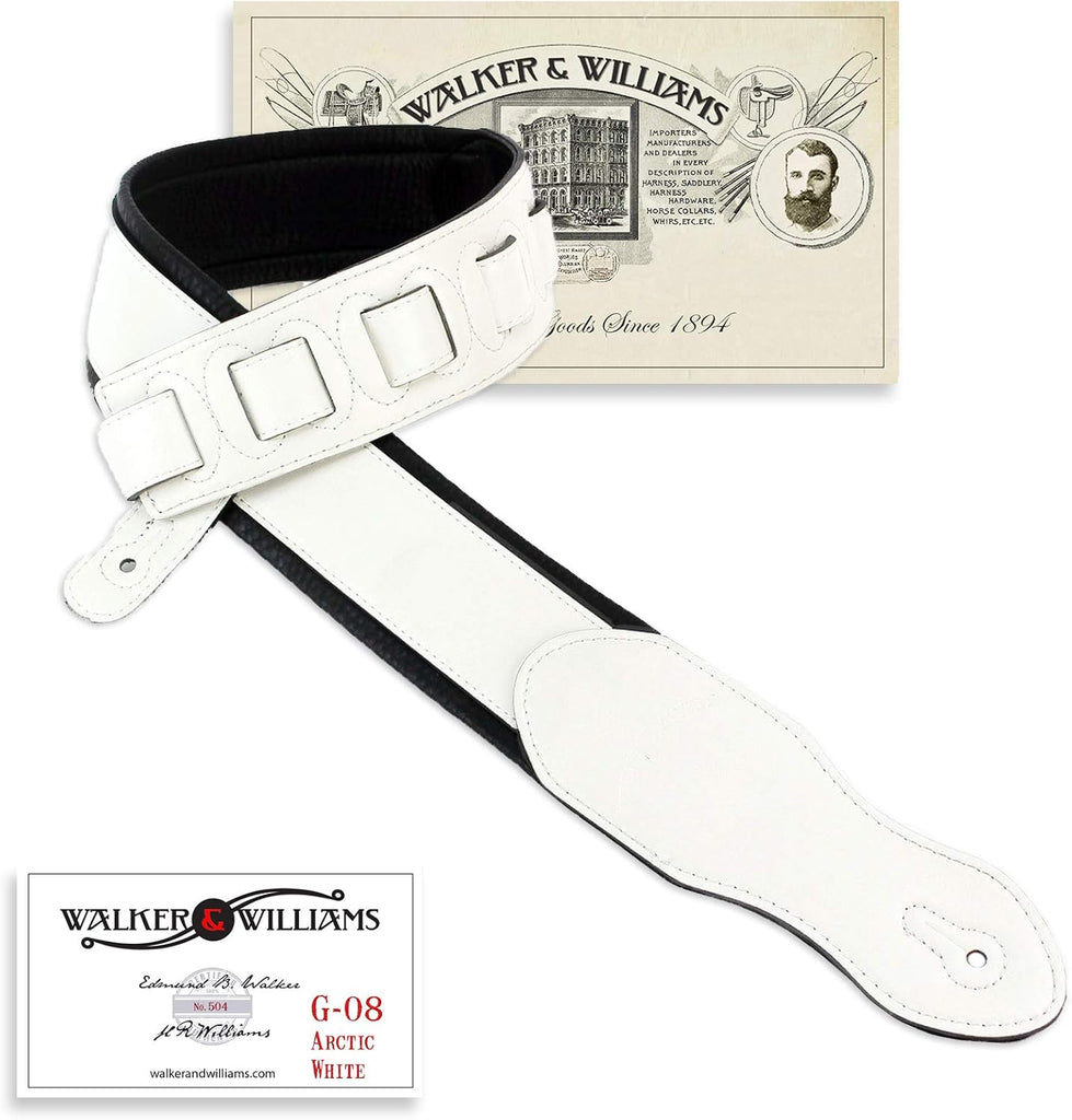 Walker & Williams G-08 Powder White Padded Guitar Strap with Glove Leather Back For Acoustic, Electric And Bass Guitars