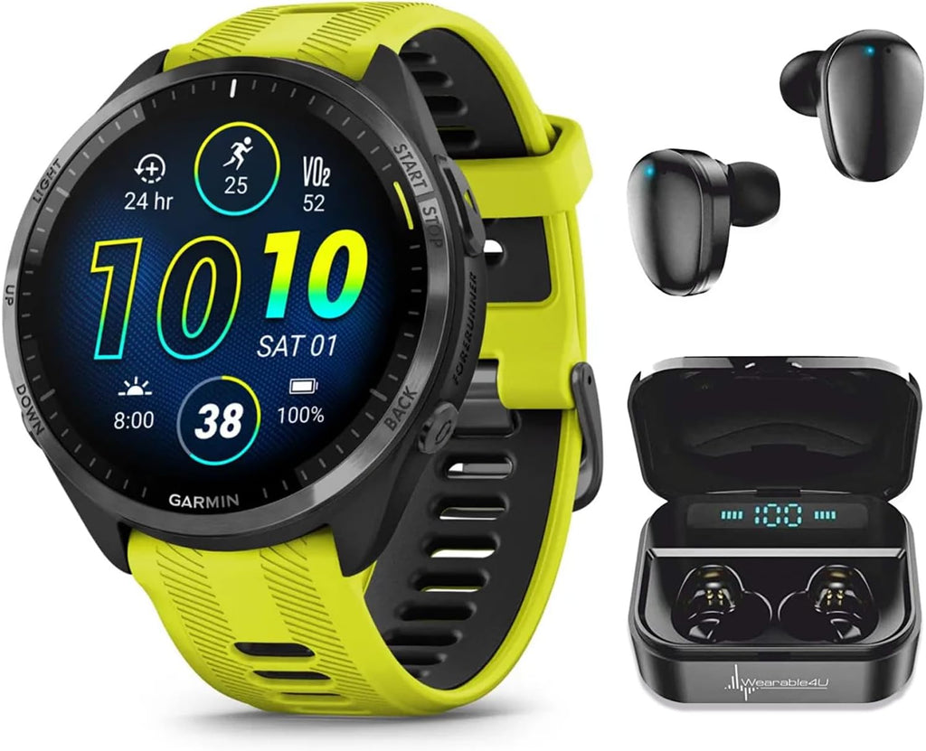 Wearable4U - Garmin Forerunner 965 Premium GPS Running and Triathlon 47 mm Smartwatch with AMOLED Touchscreen Display, Carbon Gray DLC Titanium Bezel and Yellow Silicone Band + Black Earbuds Bundle