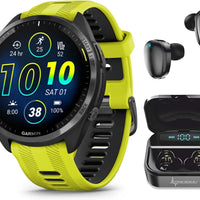 Wearable4U - Garmin Forerunner 965 Premium GPS Running and Triathlon 47 mm Smartwatch with AMOLED Touchscreen Display, Carbon Gray DLC Titanium Bezel and Yellow Silicone Band + Black Earbuds Bundle