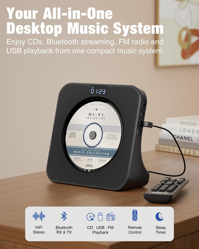 MEGATEK Portable CD Player with Bluetooth RX/TX, FM Radio & USB - Black
