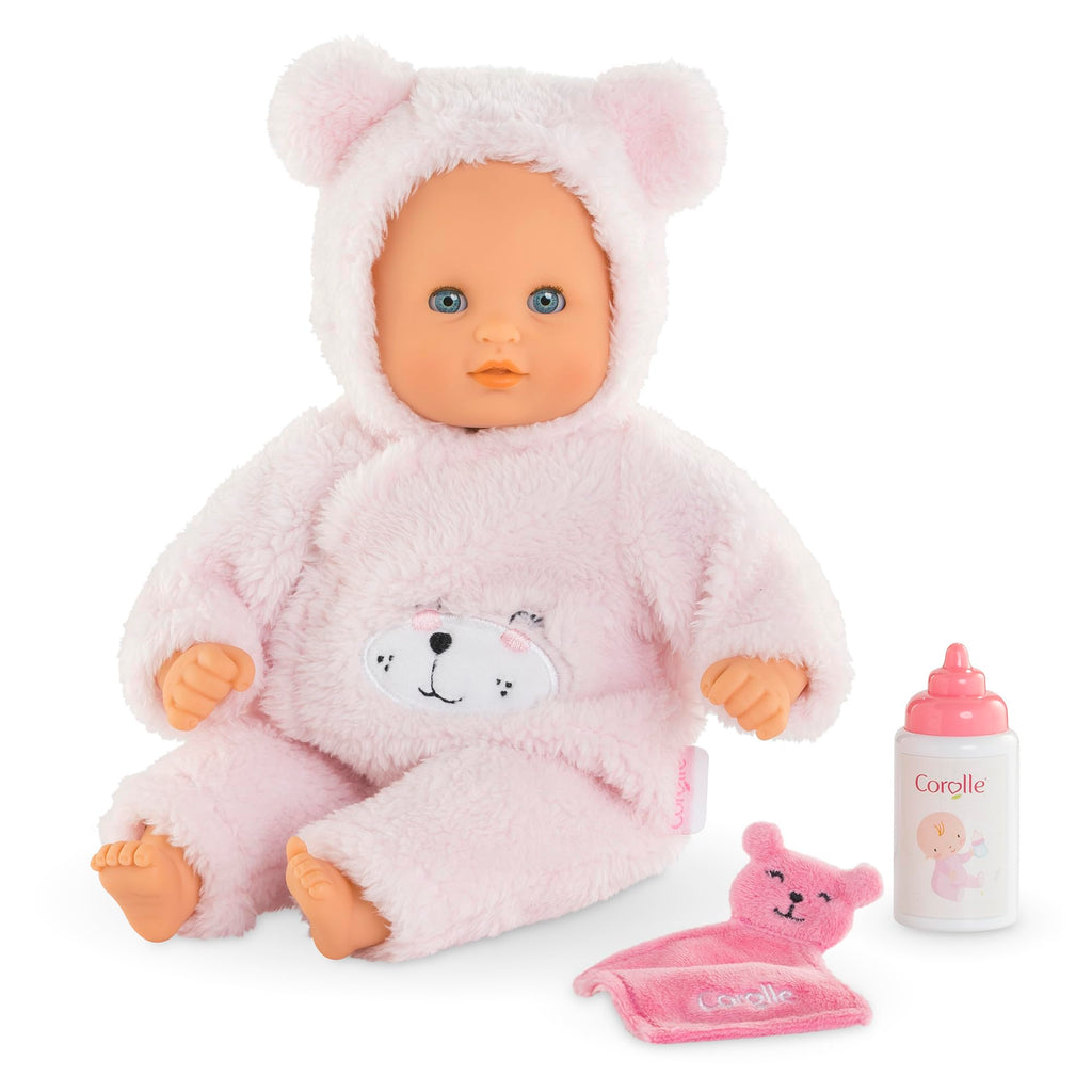 Corolle My First Baby Doll Cuddly Teddy Bear - 12" Soft Boy Baby Doll with Vanilla Scent, Pink Bear Outfit & Sleeping Ey