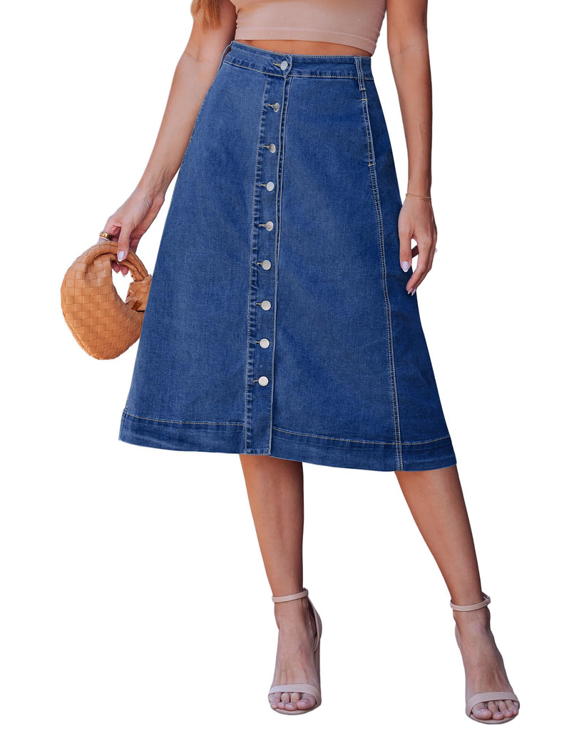 luvamia Jean Skirts for Women Trendy Midi Length A Line Casual A Line Skirts for Women Button Down Denim Skirt Button Down Stretchy Darkness Blue Size X-Large US 16 to 18