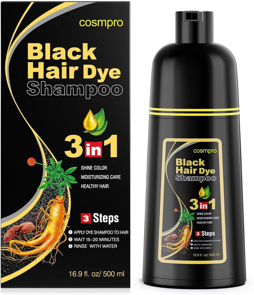 cosmpro Champú de tinte de cabello negro 3 en 1 para mujeres/hombres para cobertura de canas, champú de color instantáneo para cabello semipermanente Champu para Cana