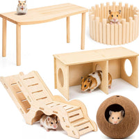Novabright 5 Pcs Hamster Wooden Platform Set Including Hideout Climbing Tunnel Platform Coconut Hut Hamster Bed Flexible