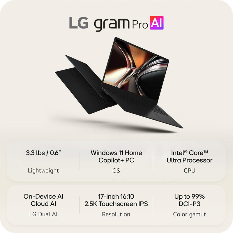 LG gram Pro 17-inch Thin and Lightweight Dual AI Touchscreen Laptop Computer, Copilot+ PC, Intel Core Ultra 7 355 Processor, Windows 11 Home, 32GB RAM, 1TB SSD - Obsidian Black