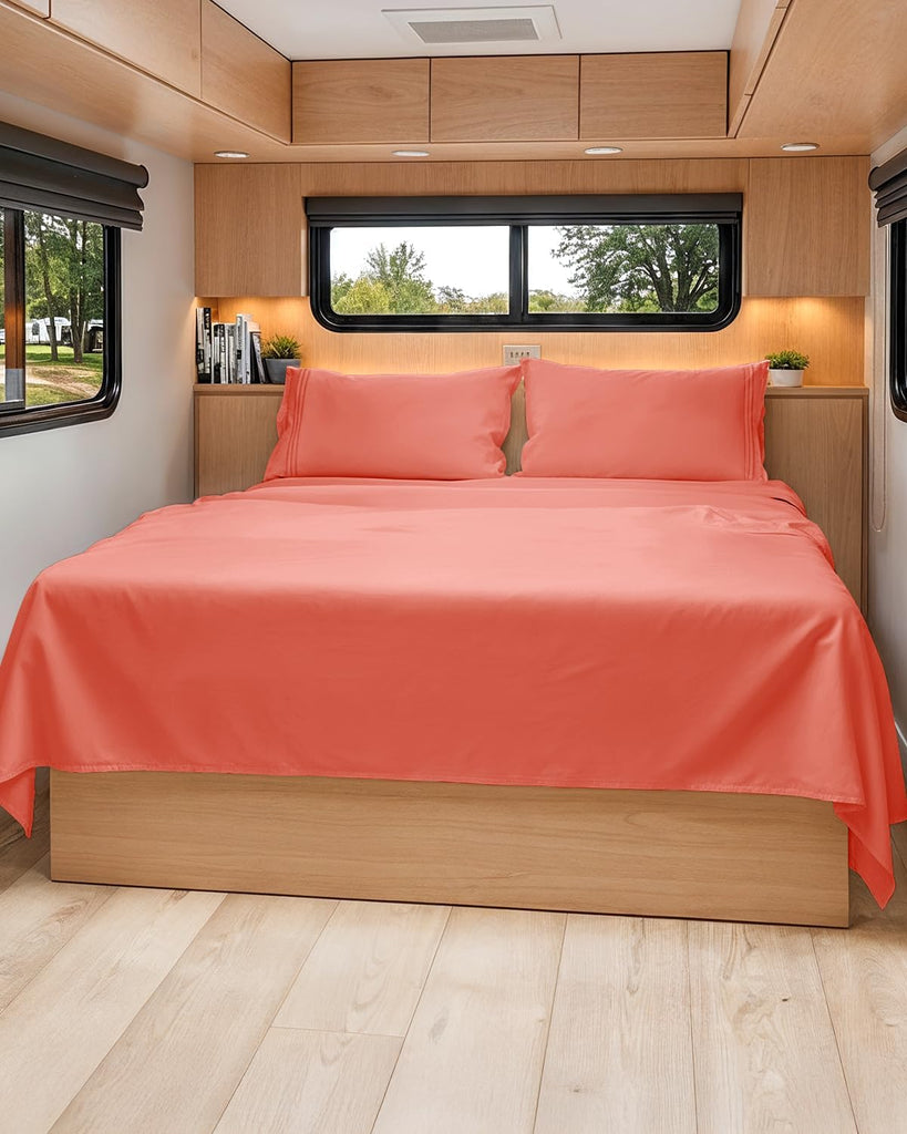 Short Queen Size 4 Piece Bed Sheet Set - RV Short Queen Sheets - Coral