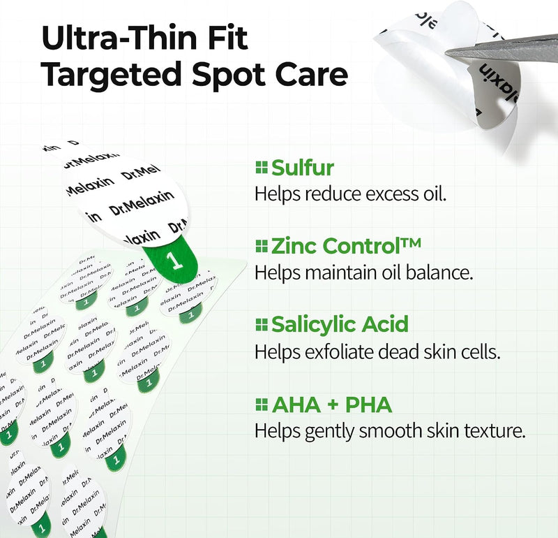 Dr.Melaxin S-ZINC ZERO-FIT Ultra Thin Blemish Spot Patch 0.013mm Invisible Pimple Stickers with Sulfur, Salicylic Acid, AHA & PHA, Seamless Under Makeup Face Cover, 12mm x 72 Patches