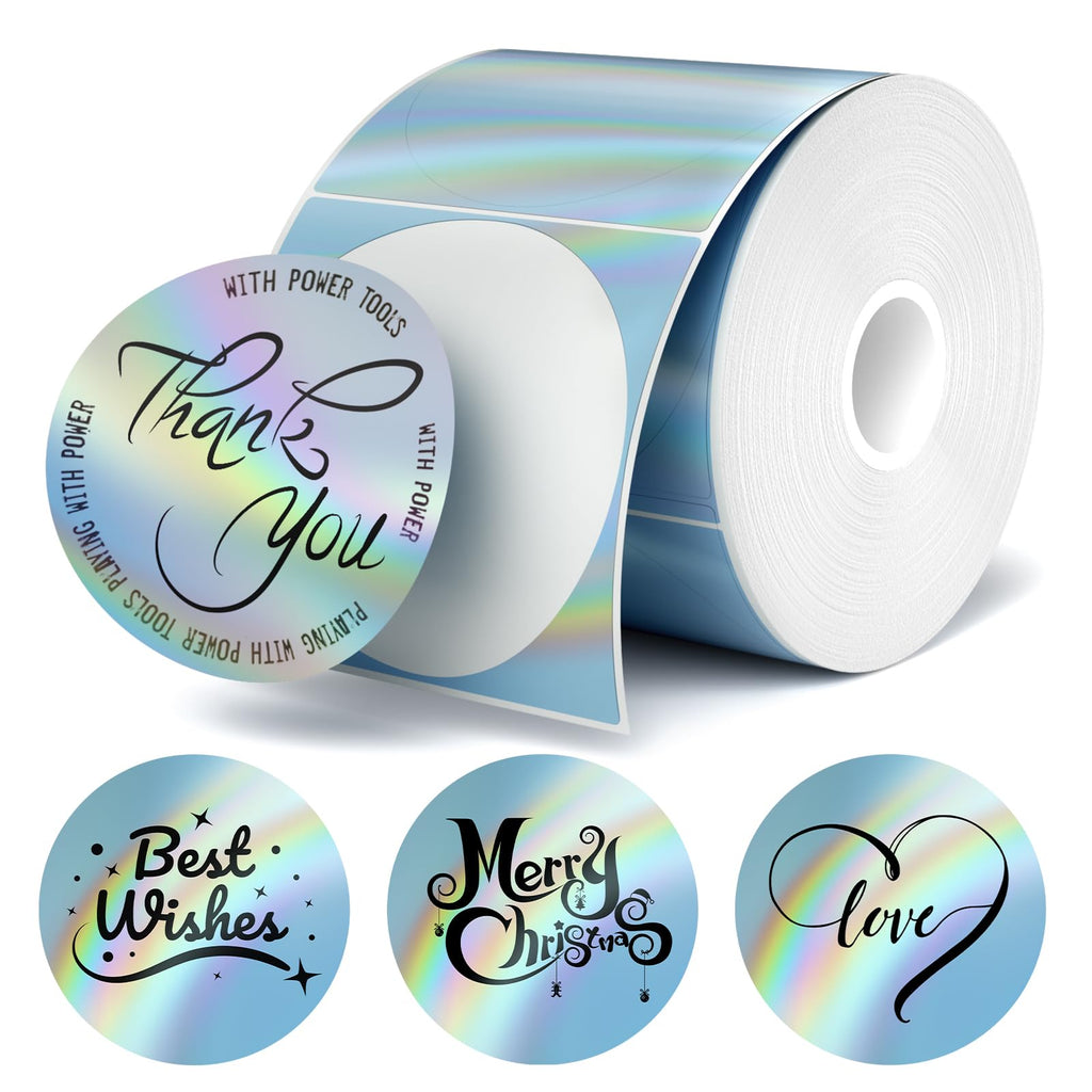2 Inch Holographic Thermal Sticker Labels,Rainbow Glitter Finish, Water-Proof & Tear-Resistant Label, No Residue Removable Label for Price/Name Tag, Logo Design,Light Blue, (200Labels/Roll)