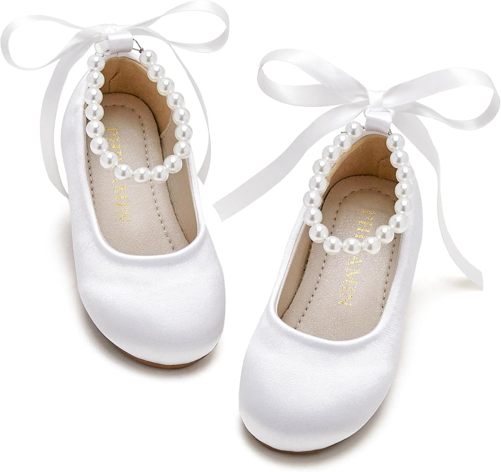 PHIRAMIN Toddler Flower Girl Satin White Dress Shoes - Little Girl Ballet Flats Size 8 Pearl Wedding Party