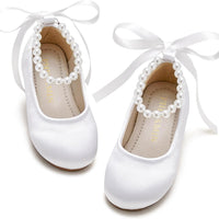 PHIRAMIN Toddler Flower Girl Satin White Dress Shoes - Little Girl Ballet Flats Size 8 Pearl Wedding Party
