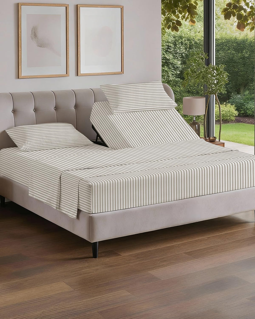 Flex Top Split Head King 4 Piece Sheet Set - Soft & Cooling - Beige Stripes