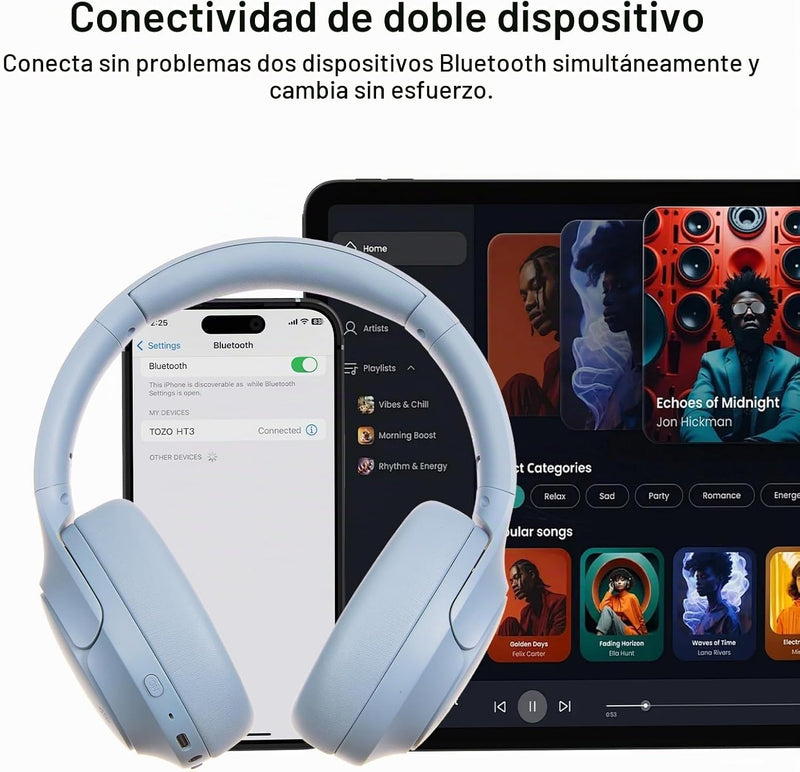 TOZO HT3 Hybrid Noise Cancelling Wireless Headphones, 90H Over Ear Headset