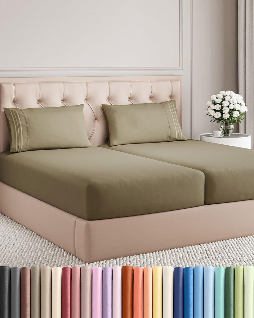 Split King Size 5 Piece Sheet Set - Breathable & Cooling Sheets - Khaki