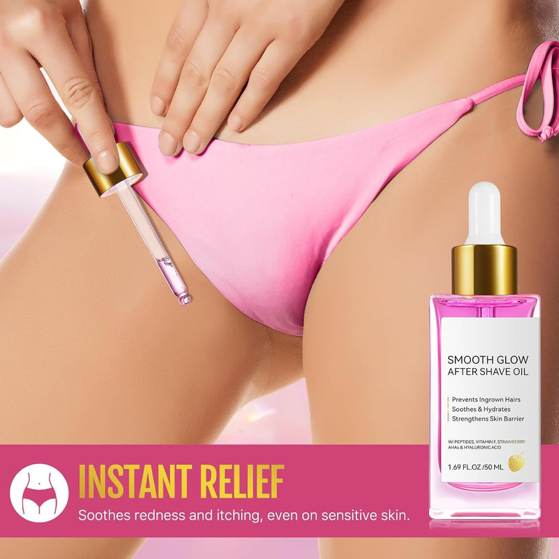 ikini Line Oil for Women - Smooth Glow After Shave Oil & Ingrown Hair Treatment | Razor Bumps, Strawberry Legs & Post Wax Care, Body Oil with Peptides & Strawberry AHA, 1.69 fl oz
