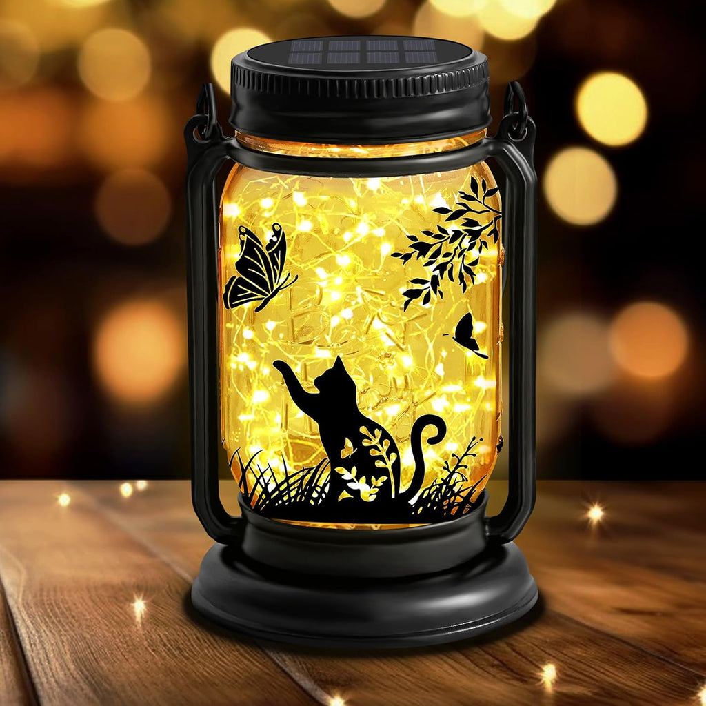YJFWAL Solar Cat & Butterfly Lanterns Outdoor Waterproof - Cat Lover Gifts for Women Mom Grandmom Birthday Mothers Day,