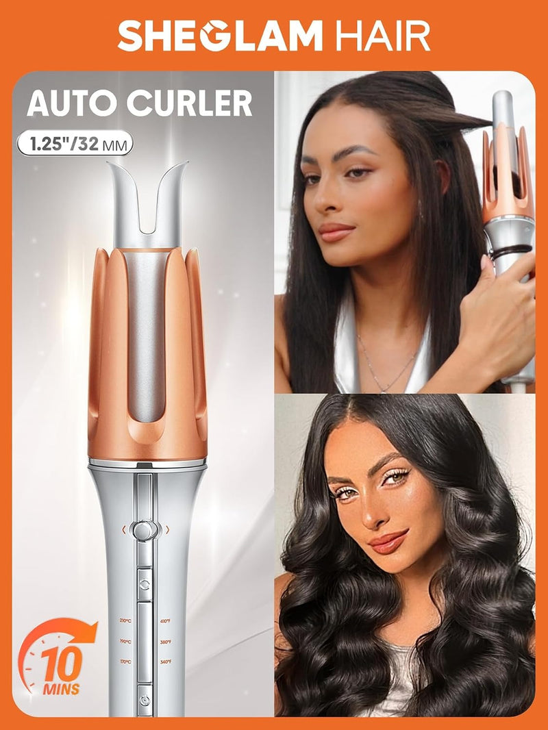 Rizador automático SHEGLAM de 3,17 cm con 3 temperaturas, calentamiento rápido, rotación bidireccional, protección anti-quemaduras, anti-enredos, apagado automático para peinar el cabello.