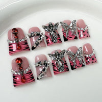 Handmade Short Duck Press on Nails 3D Gothic Thick Acrylic Fake Nails Pink French Tip False Nails with Spikes Angel Char