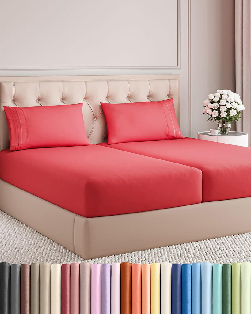Split King Size 5 Piece Sheet Set - Comfy Breathable & Cooling Sheets - Red