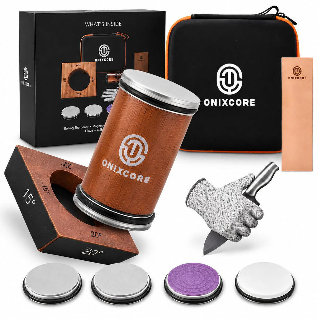 ONIXCORE Rolling Knife Sharpener Kit, Manual Knife Sharpening System with Magnetic 4-Angle Base (15°, 18°, 20°, 22°), 3.