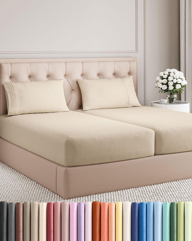 Split King Size 5 Piece Sheet Set - Breathable & Cooling Sheets - Wheat