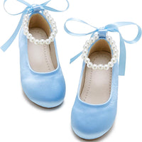 PHIRAMIN Toddler Flower Girl Satin Light Blue Dress Shoes - Little Girl Ballet Flats Size 9 Pearl Wedding Party