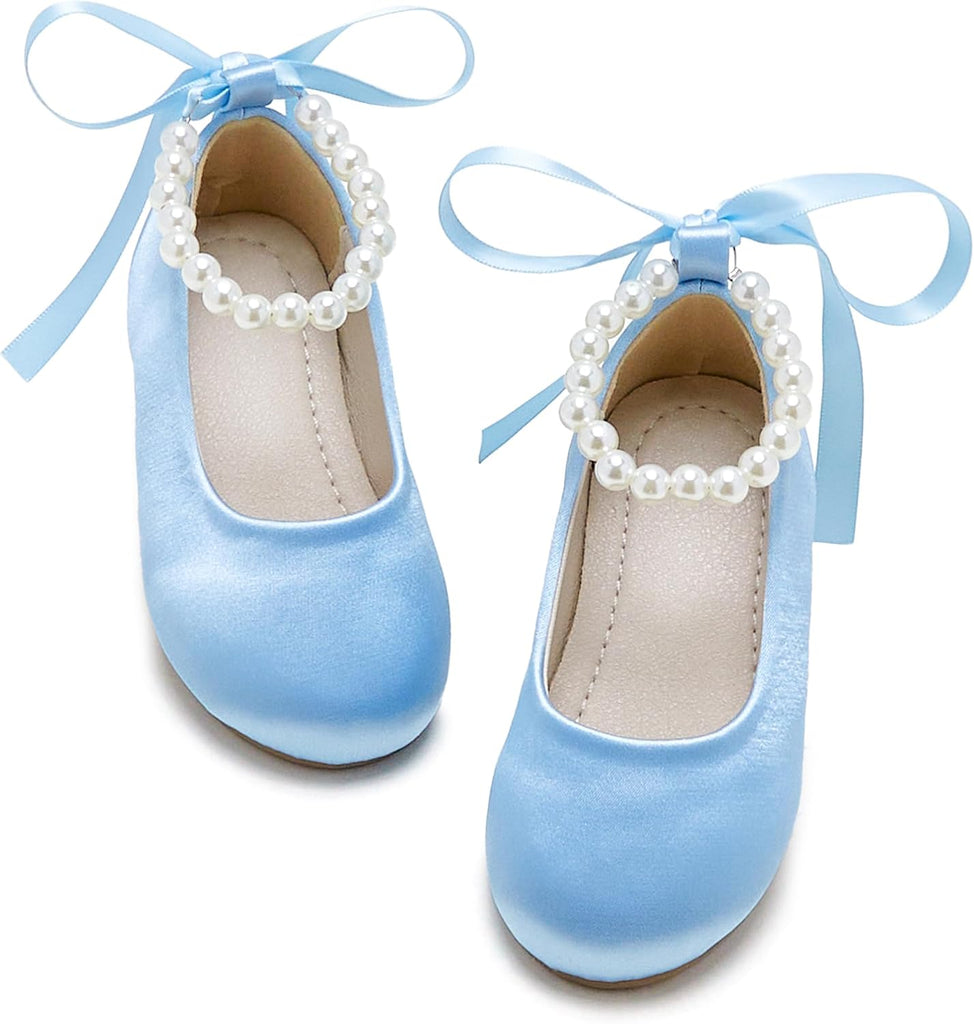 PHIRAMIN Toddler Flower Girl Satin Light Blue Dress Shoes - Little Girl Ballet Flats Size 13 Pearl Wedding Party