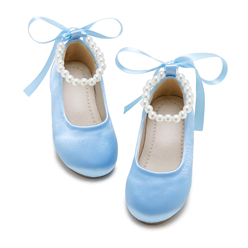PHIRAMIN Toddler Flower Girl Satin Light Blue Dress Shoes - Little Girl Ballet Flats Size 5 Pearl Wedding Party