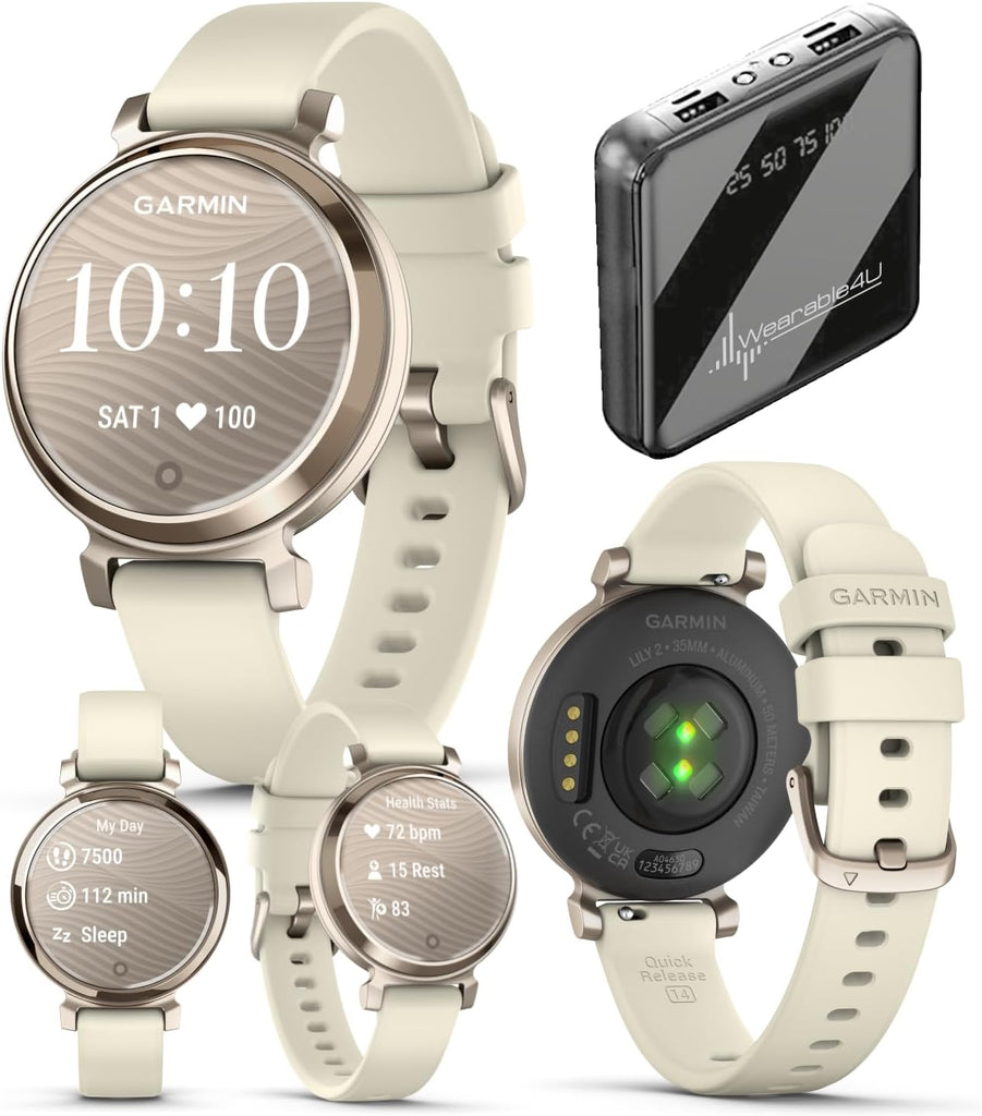 Wearable4U Garmin Lily 2 - Cream Gold with Coconut Silicone Band: Women Small Fitness Smartwatch | Up to 5 Days Battery Life, Health & Wellness Monitoring. 010-02839-00 Gift Bundle