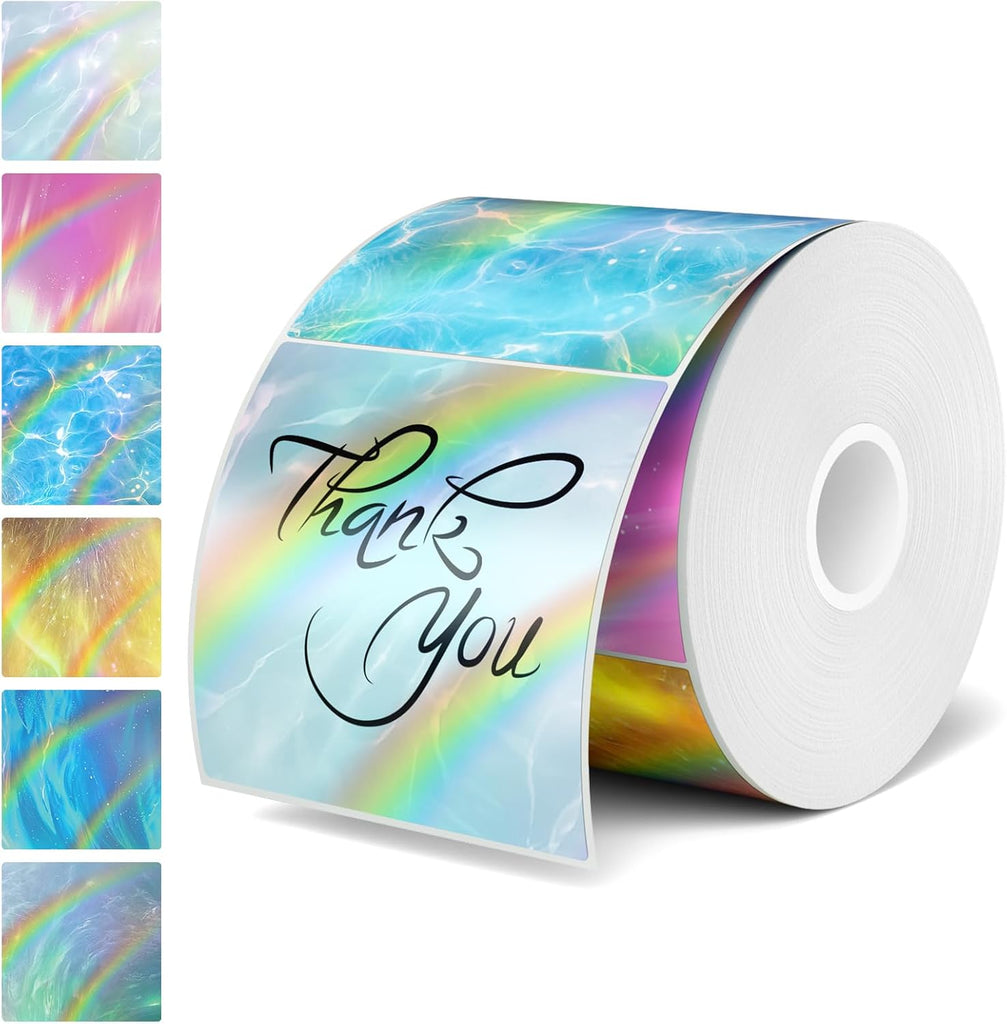 2 Inch Square Holographic Thermal Sticker Labels, 300 Labels - Rainbow Glitter Finish, Water-Proof & Tear-Resistant Labe