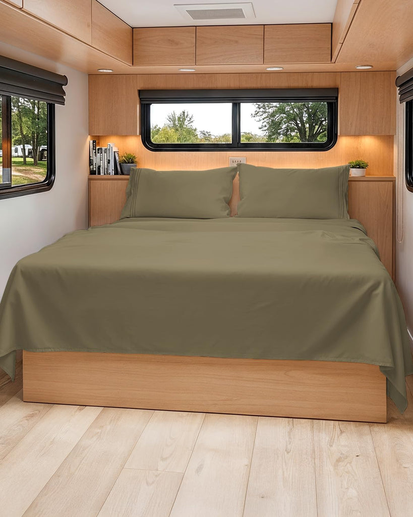 Short Queen Size 4 Piece Bed Sheet Set - RV Short Queen Sheets - Khaki