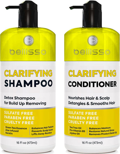Clarifying Shampoo and Conditioner Set - Sulfate Free Hair Care Products for Women and Men - Build Up Remover for Curly, Straight, Color Treated, Oily and Black Hair - Hydrating Dry Split Ends Formula
