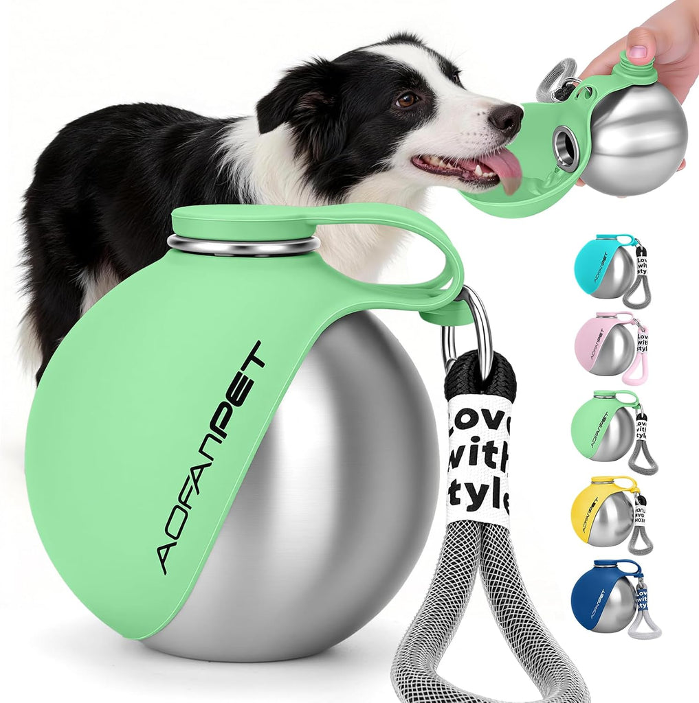AOFANPET Portable Dog Water Bottle 10oz Stainless Steel Travel Dog Water Dispenser with Bowl No-Spill Puppy Water Bottle
