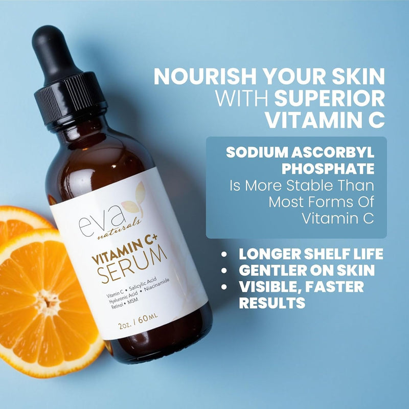 Eva Naturals Suero de vitamina C Plus, 2 % retinol, 3,5 % niacinamida, 5 % ácido hialurónico, 2 % ácido salicílico, 10 % MSM, 20 % vitamina C, suero para limpieza de piel, reparador de piel antienveje