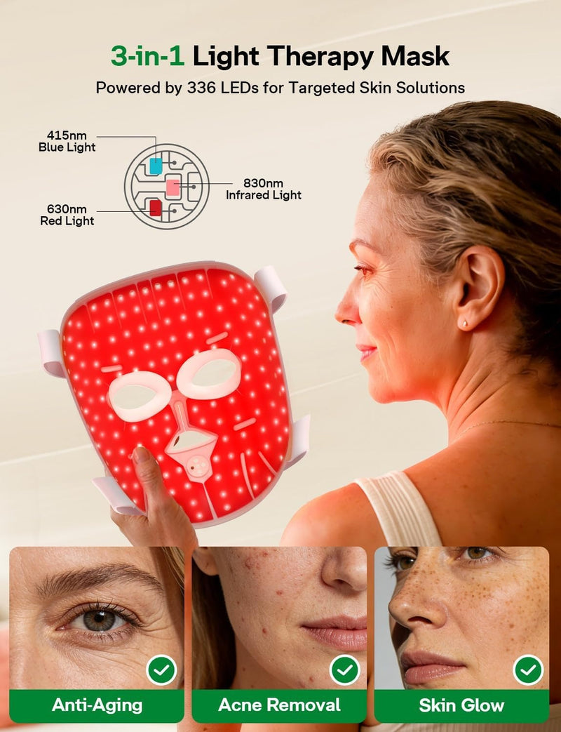 Medisana - Terapia de luz roja 3D para cara, 336 LED con 3 modos, NIR 830 nm, rojo 630 nm, azul 415 nm, diseño ergonómico de silicona 3D, máscara facial LED inalámbrica y recargable, regalos para el c