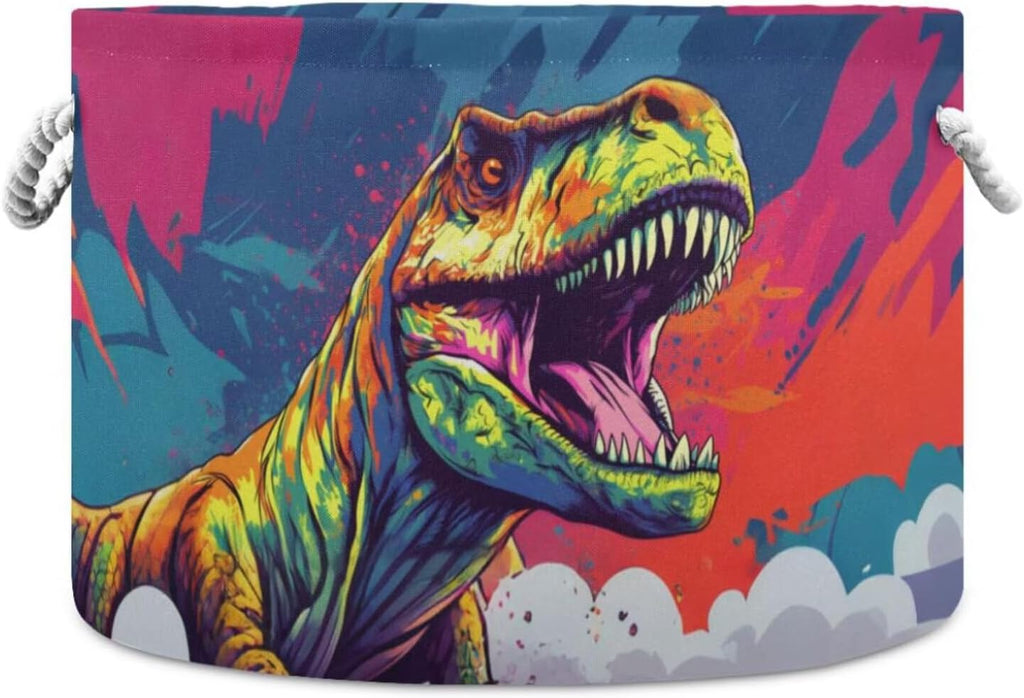 LEANSHSA Dinosaur Print Collapsible Round Storage Basket with Handles