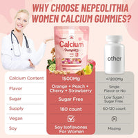 Nepeolithia Gomitas de calcio para mujer, 1500 mg de citrato de calcio con vitamina D3, K2, magnesio, zinc, boro y isoflavonas de soja, suplemento de calcio, vegano, cero azúcar, sabores mixtos de fru