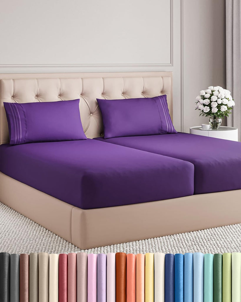 Split King Size 5 Piece Sheet Set - Breathable & Cooling Sheets - Purple