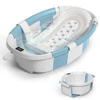 Himold Bañera Plegable Amplia para Bebé con Termómetro y Cojín Celeste