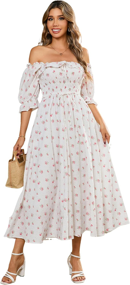 R.Vivimos Women Summer Cotton A Line Flowy Long Dresses, White#2-Floral, M