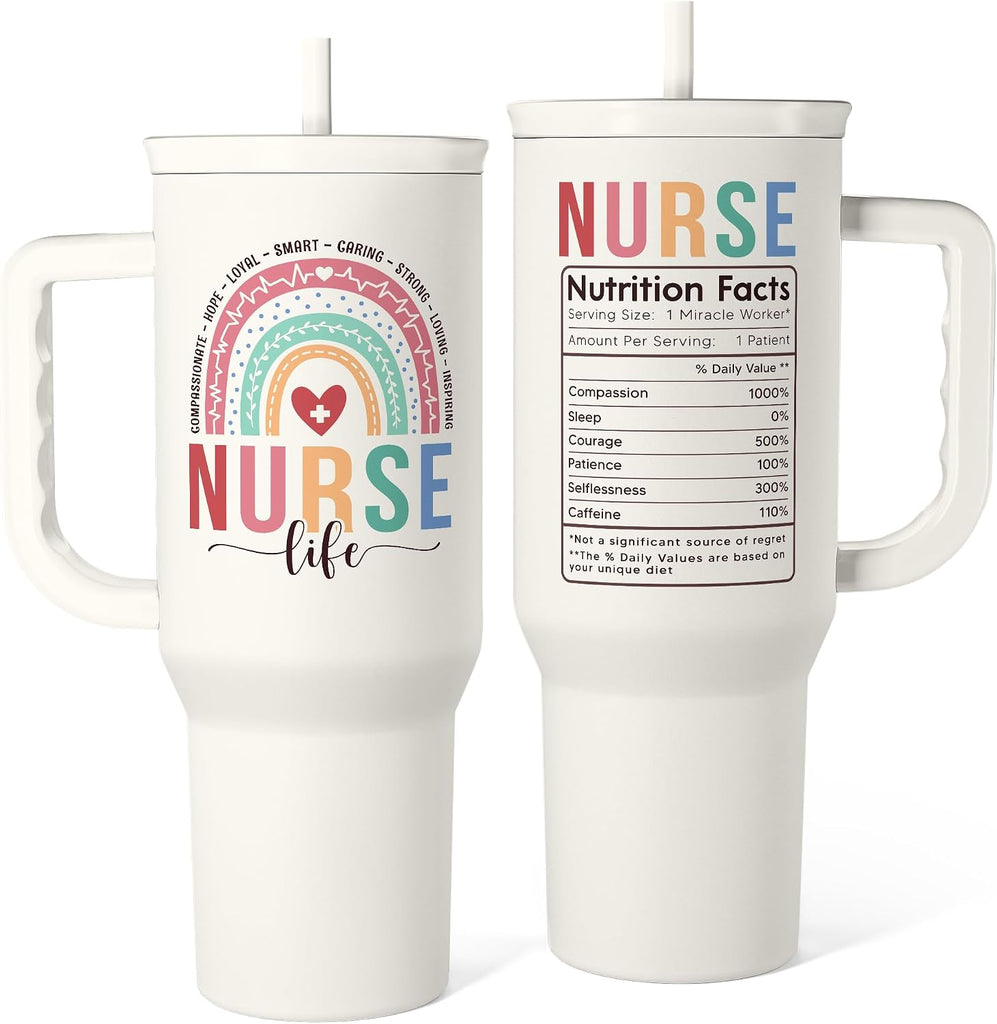 SANDJEST Nurse Tumbler with Handle 40oz, Stainless Steel Tumblers Coffee Travel Mug Cups with Straw, Nurses Appreciation